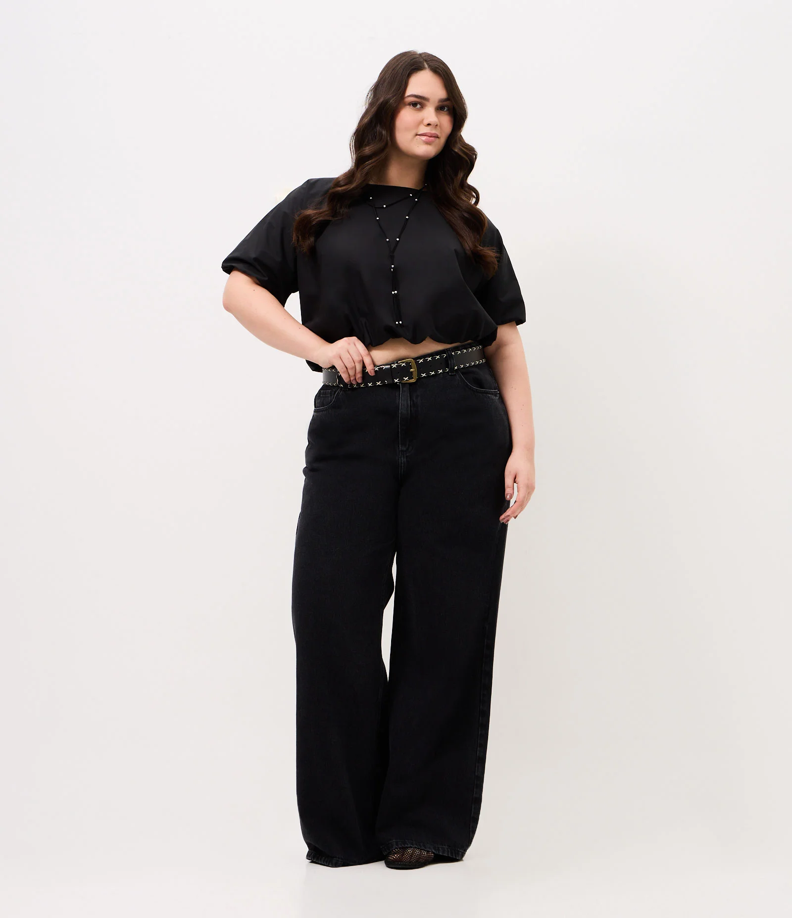 Cinto Médio em PU com Pesponto Contrastante Curve & Plus Size Preto 1