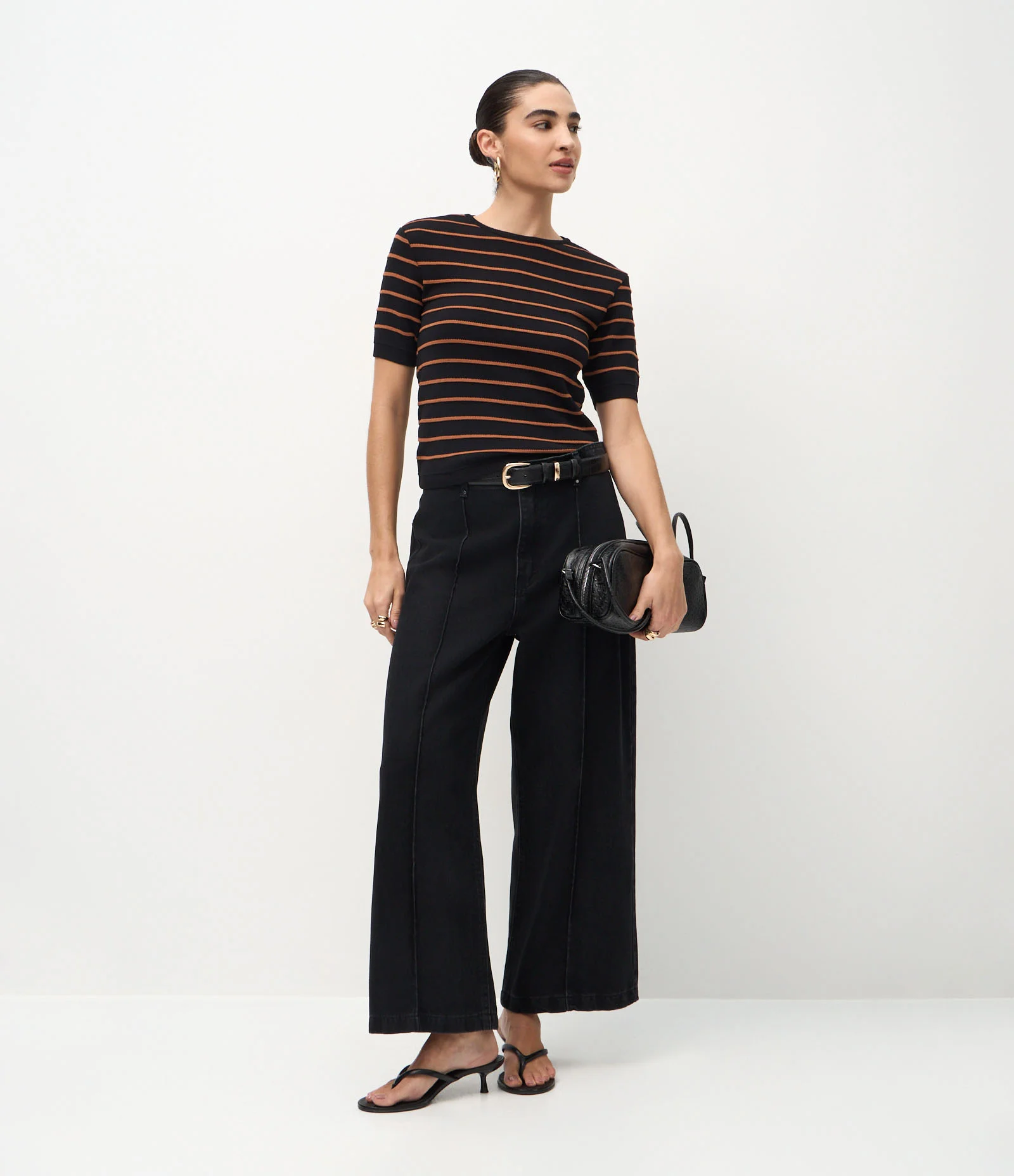 Blusa Manga Curta em Tricô com Estampa Listrada Preto 2