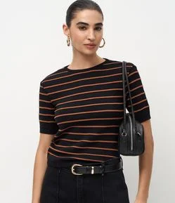 Blusa Manga Curta em Tricô com Estampa Listrada