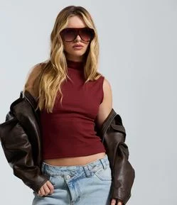 Blusa Canelada Sem Manga em Algodão com Golinha