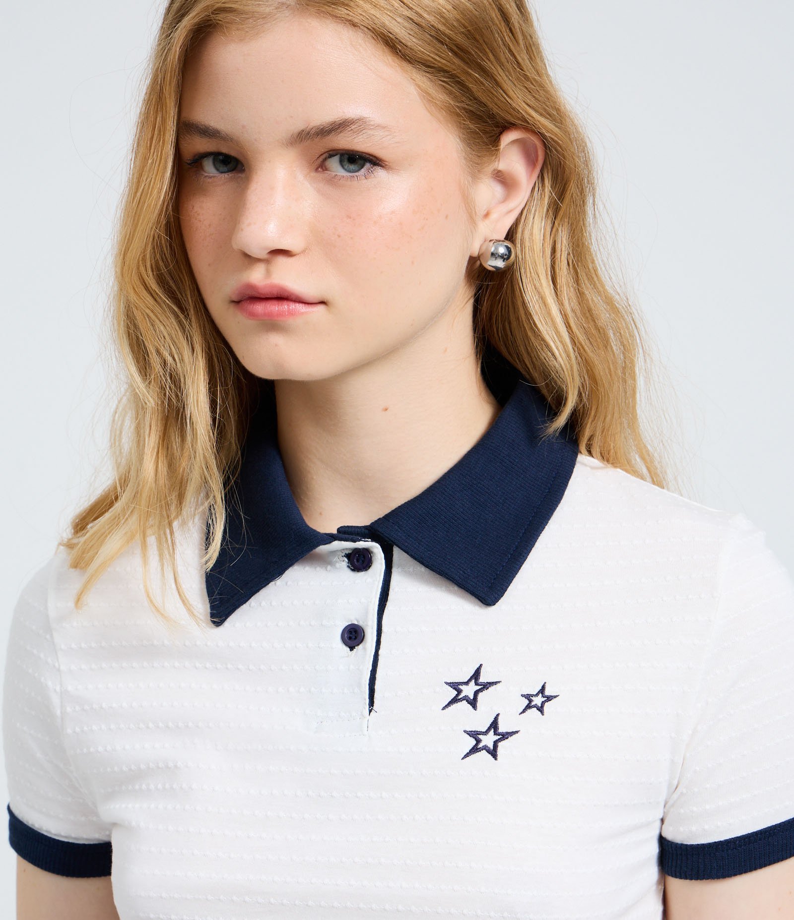 Blusa Polo em Algodão com Bordado de Estrelas Branco 3