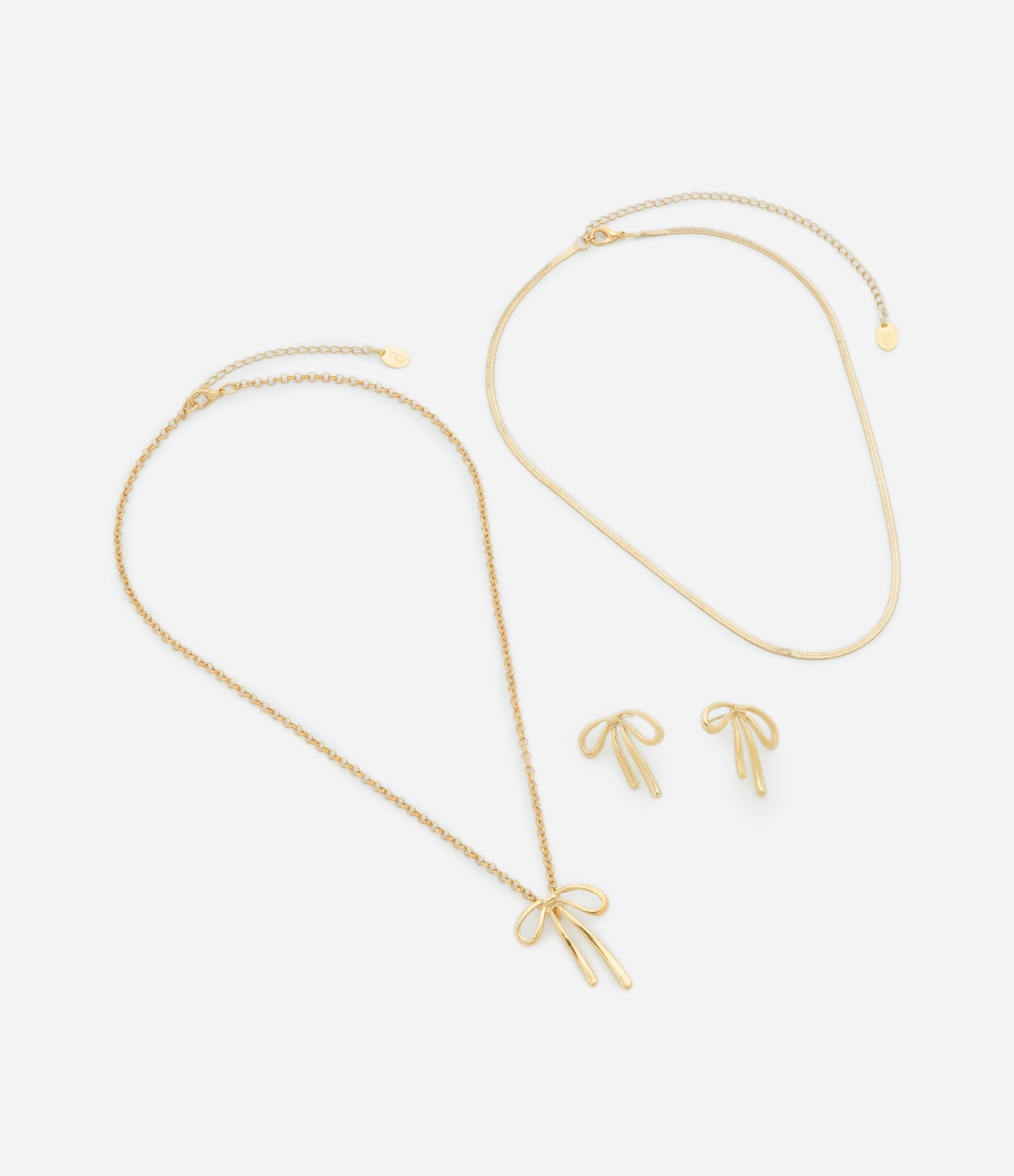 Conjunto Colar e Brinco em Metal com Pingente de Laço em Light Gold Dourado 2