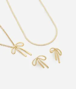 Conjunto Colar e Brinco em Metal com Pingente de Laço em Light Gold