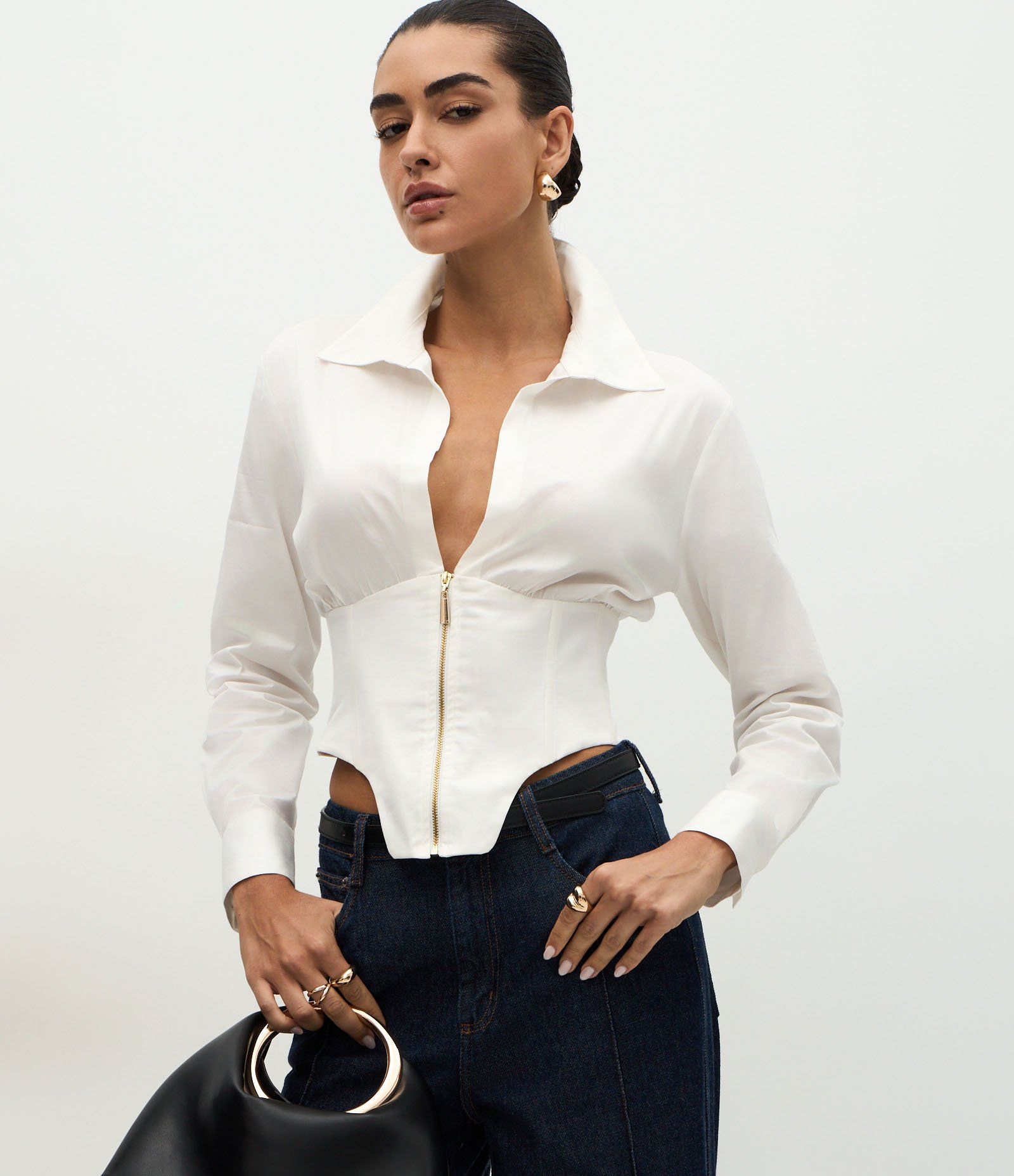 Camisa Corselet em Tricoline com Zíper Frontal Branco 1