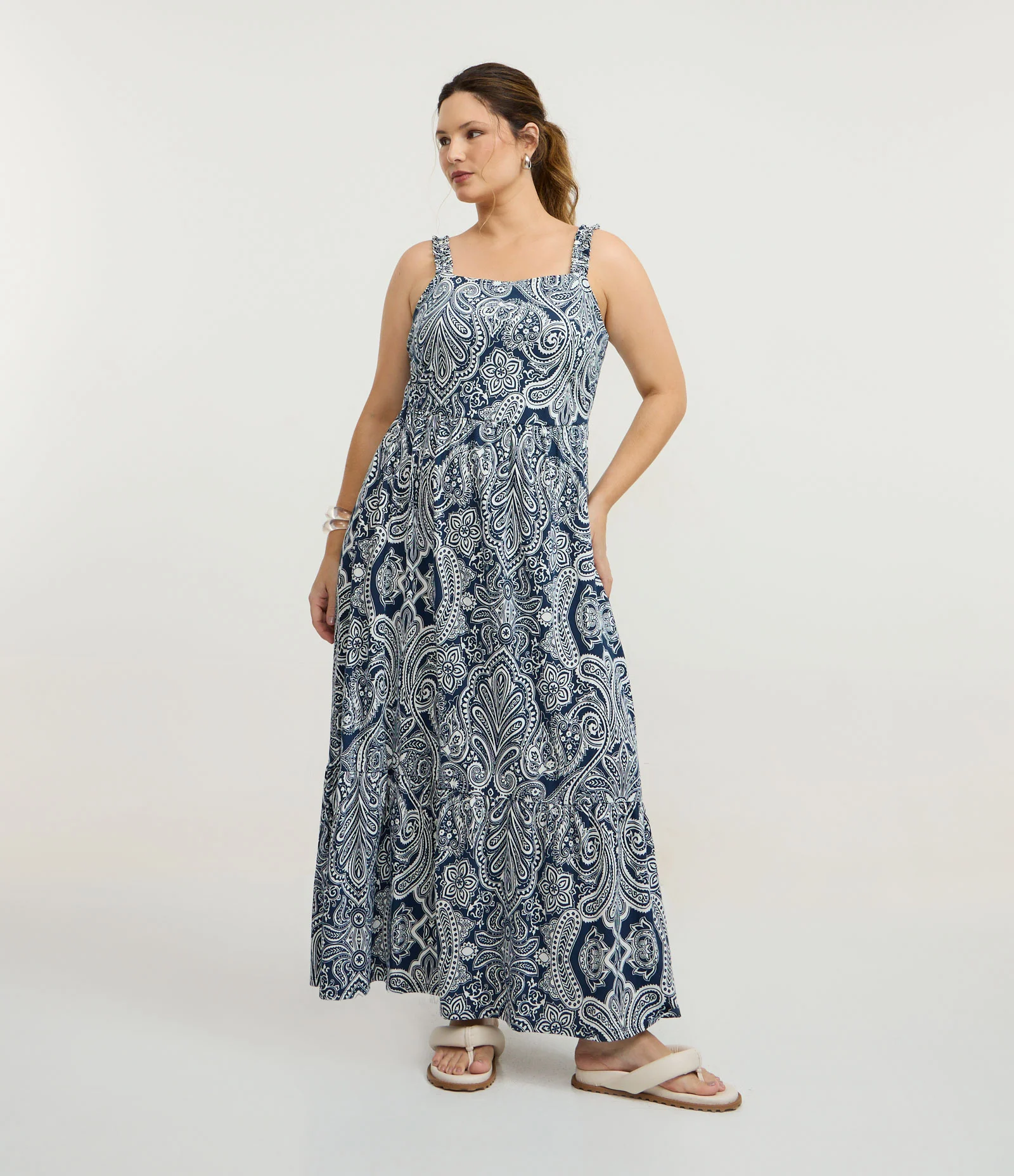 Vestido Midi com Estampa Paisley e Alças Franzidas Curve & Plus Size Azul 1