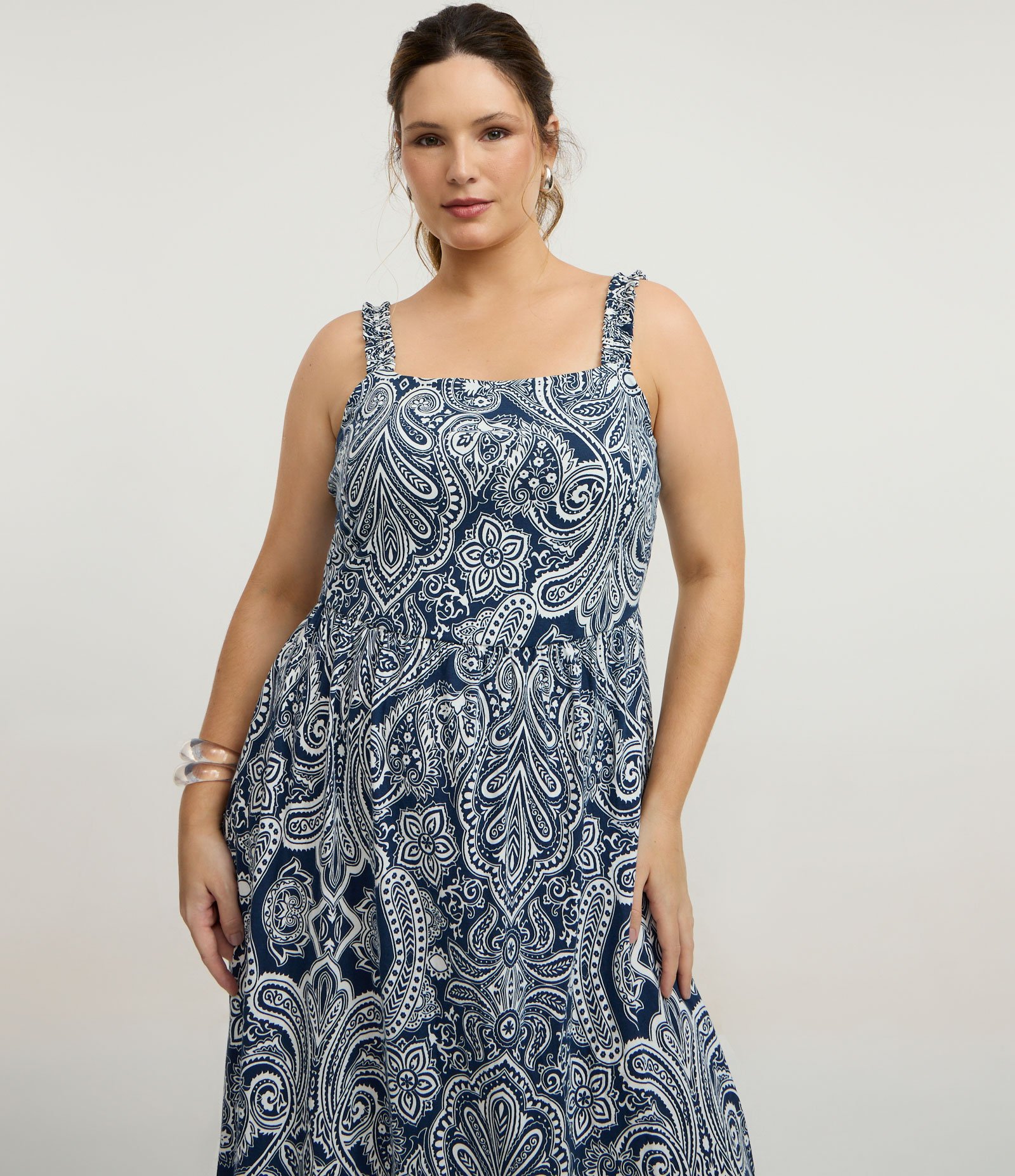 Vestido Midi com Estampa Paisley e Alças Franzidas Curve & Plus Size Azul 2