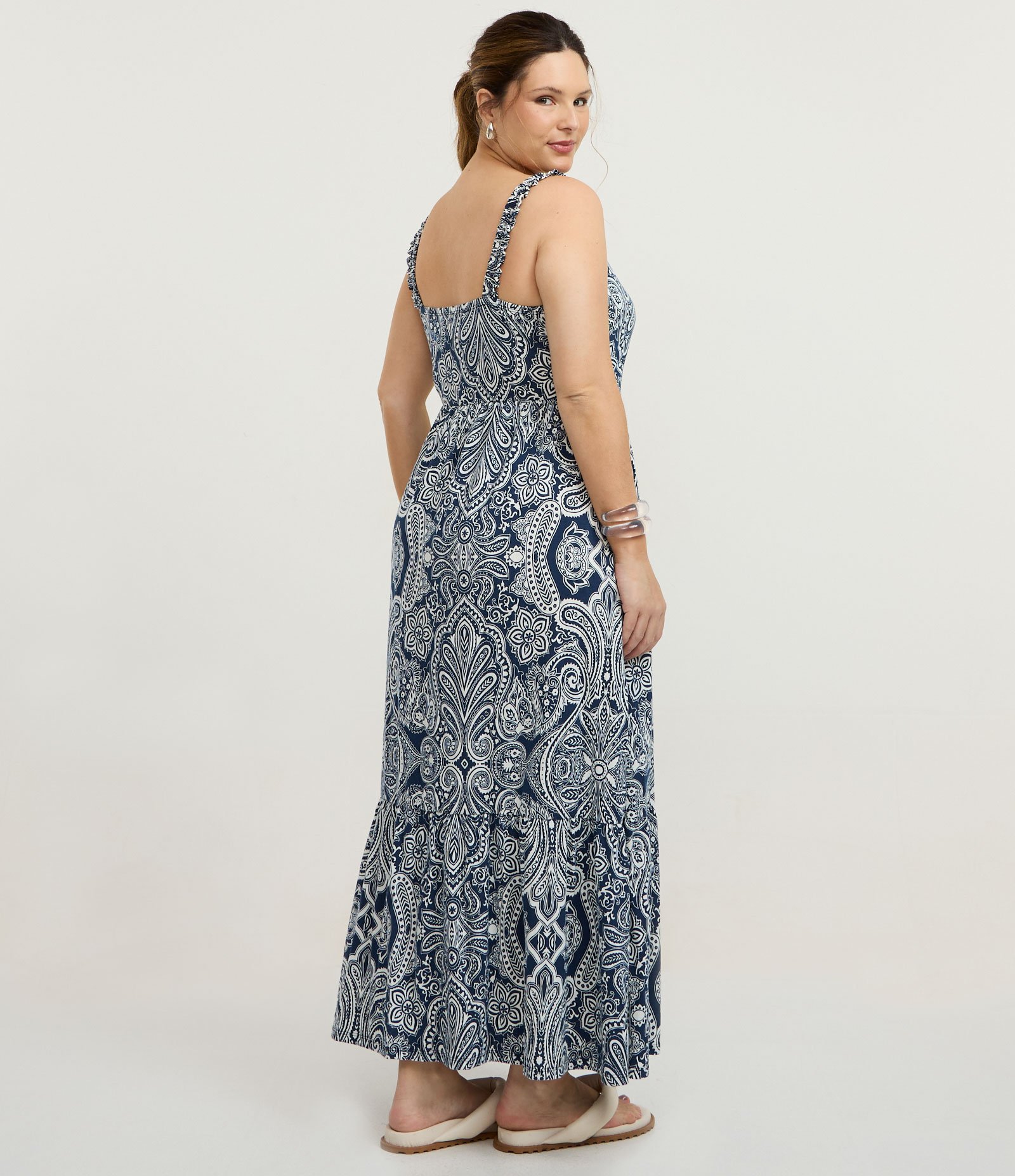 Vestido Midi com Estampa Paisley e Alças Franzidas Curve & Plus Size Azul 4