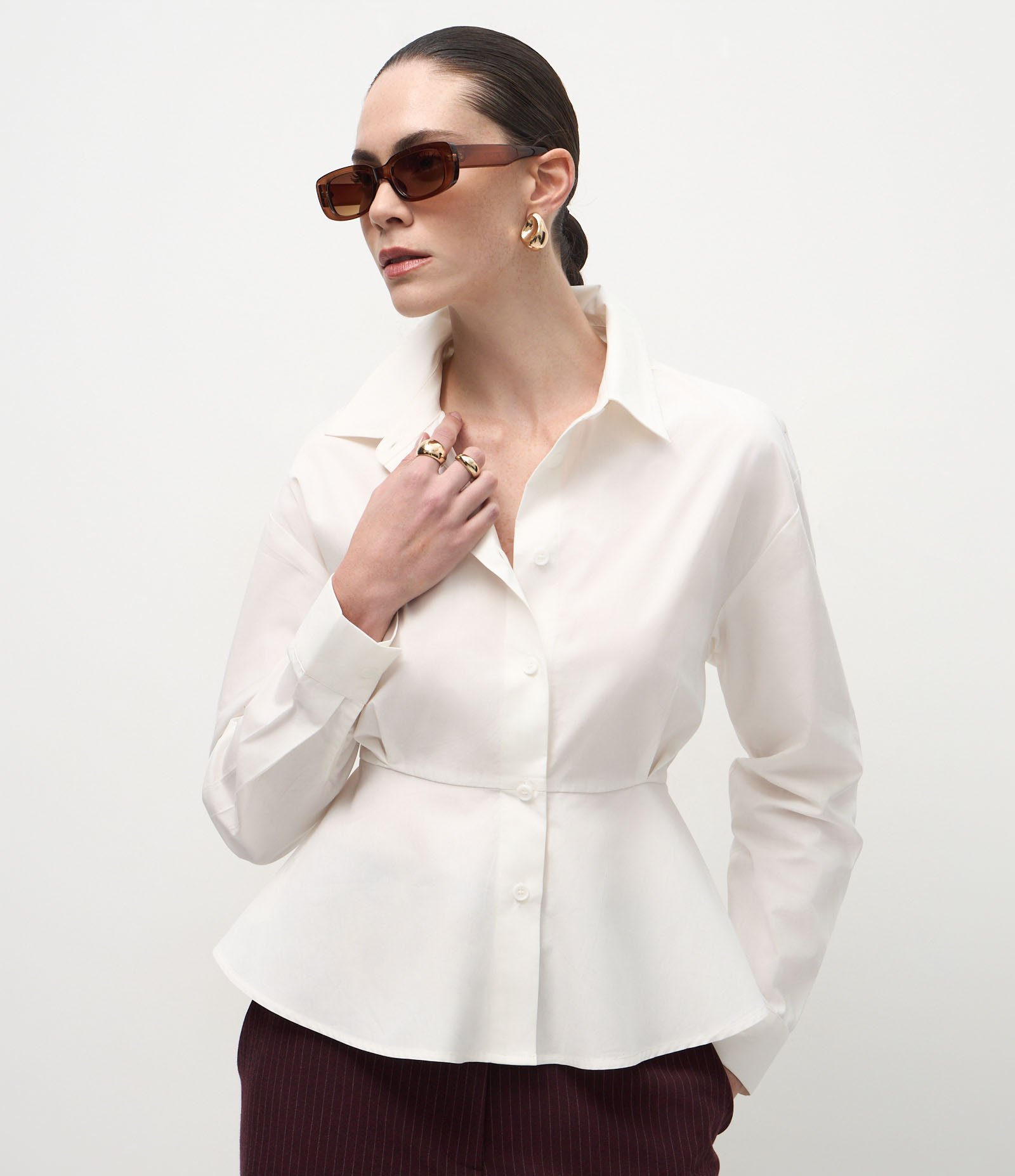 Camisa Peplum em Tricoline com Pregas Frontais Branco 1
