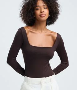 Body Manga Longa em Microfibra com Decote Quadrado