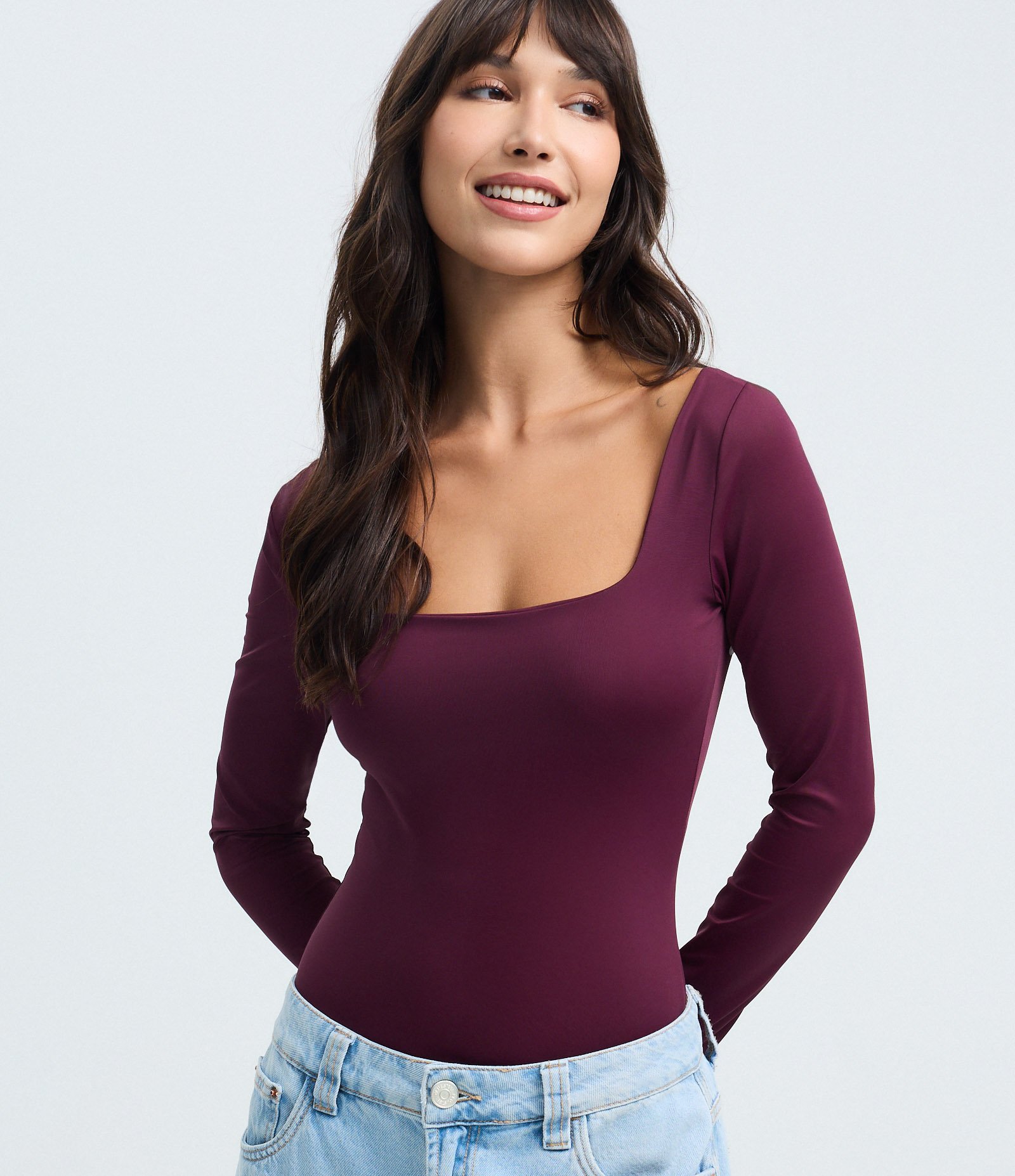 Body Manga Longa em Microfibra com Decote Quadrado Bordô 1