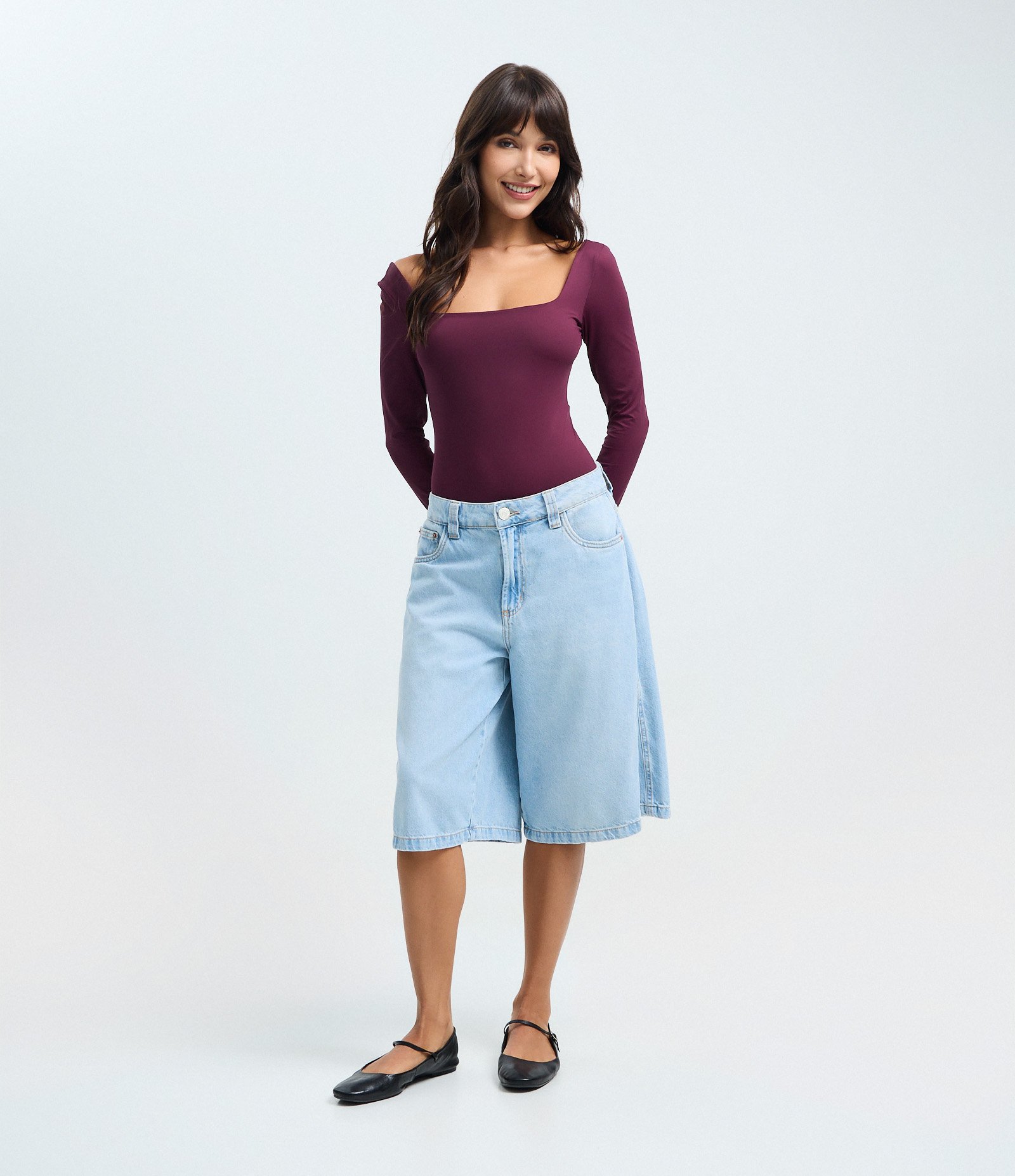 Body Manga Longa em Microfibra com Decote Quadrado Bordô 2