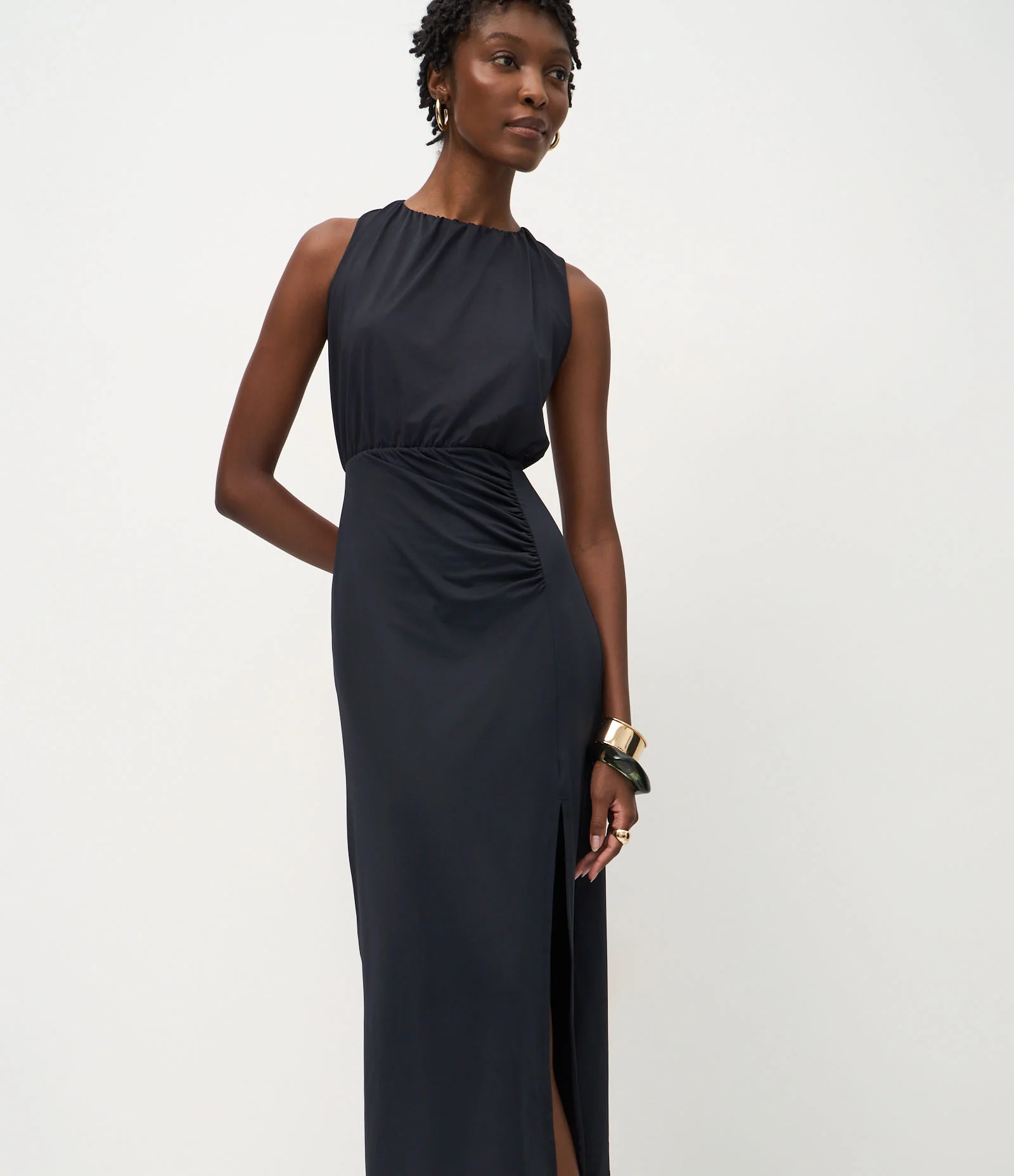 Vestido Longo em Poliamida com Fenda Lateral Preto 2