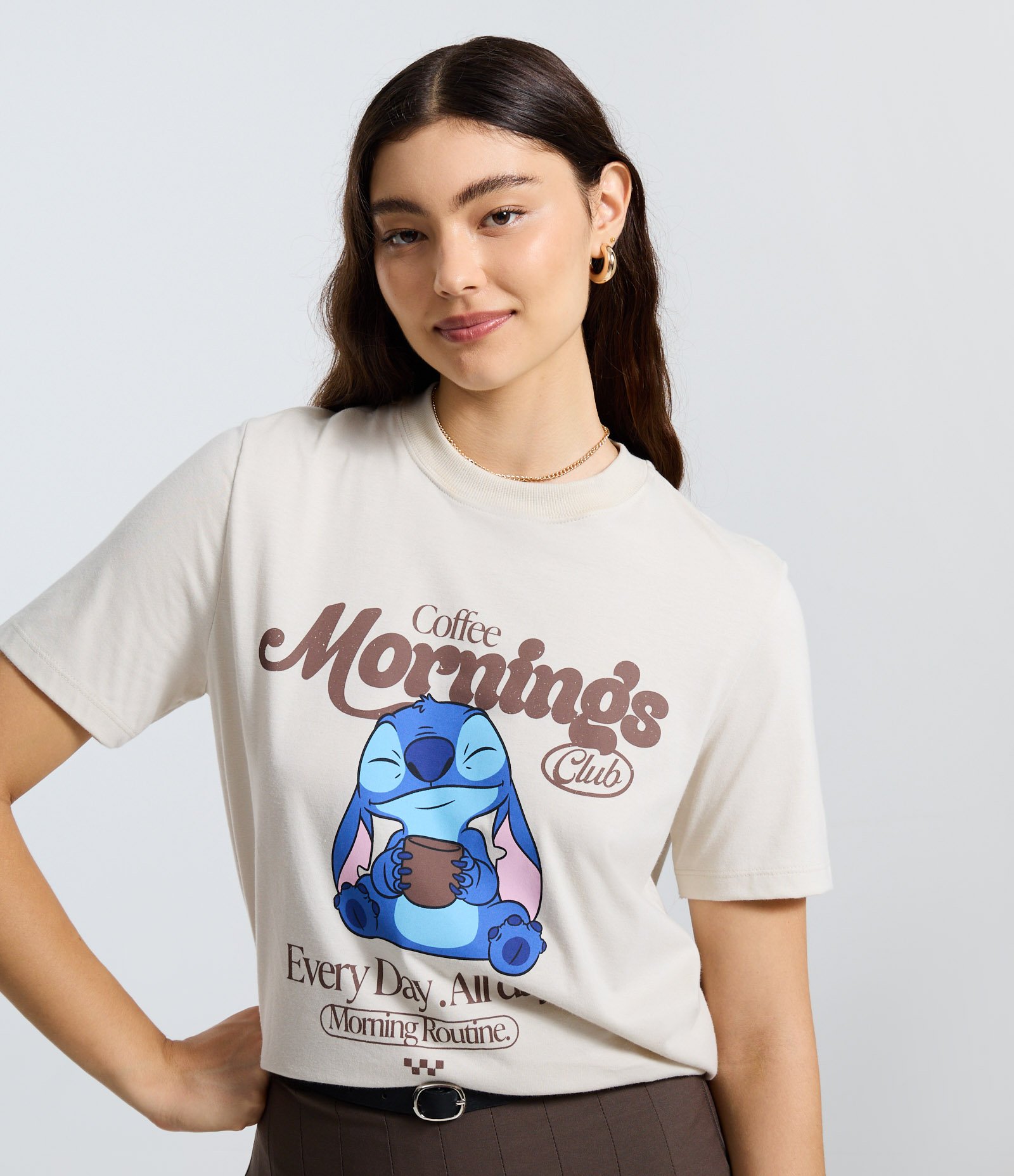 Camiseta Alongada em Algodão com Estampa Stitch Coffee Morning Bege 1