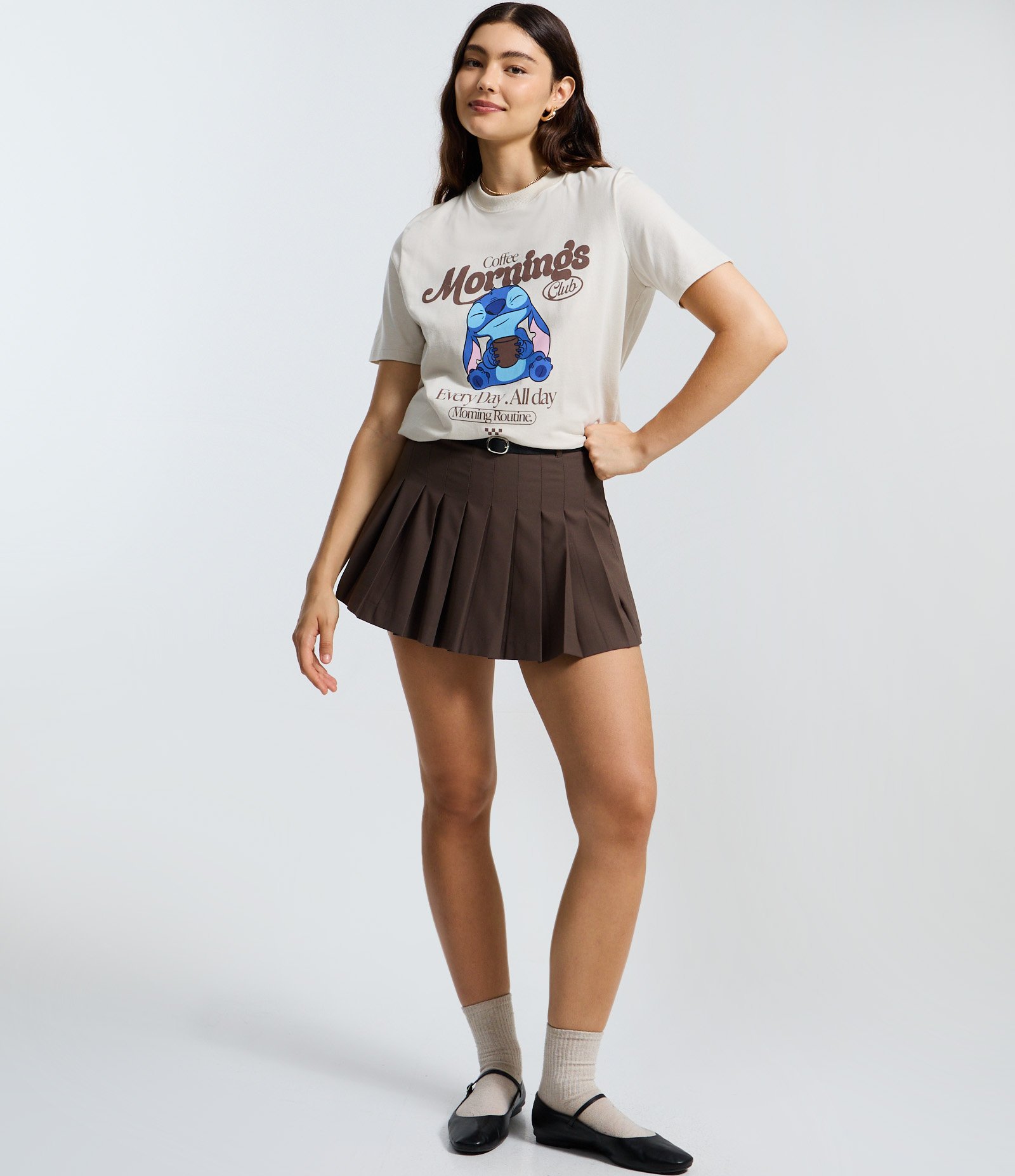 Camiseta Alongada em Algodão com Estampa Stitch Coffee Morning Bege 2