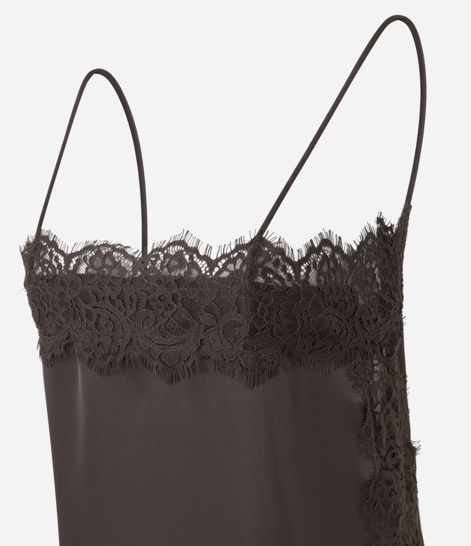 Blusa Acetinada com Decote Quadrado e Renda Aplicada Marrom 6