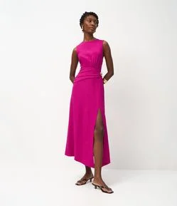 Vestido Midi Alfaiatado em Viscose com Aviamento na Cintura