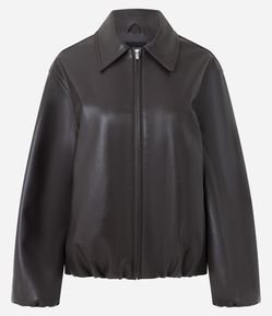 Jaqueta PU Balloon com Gola Polo e Zíper