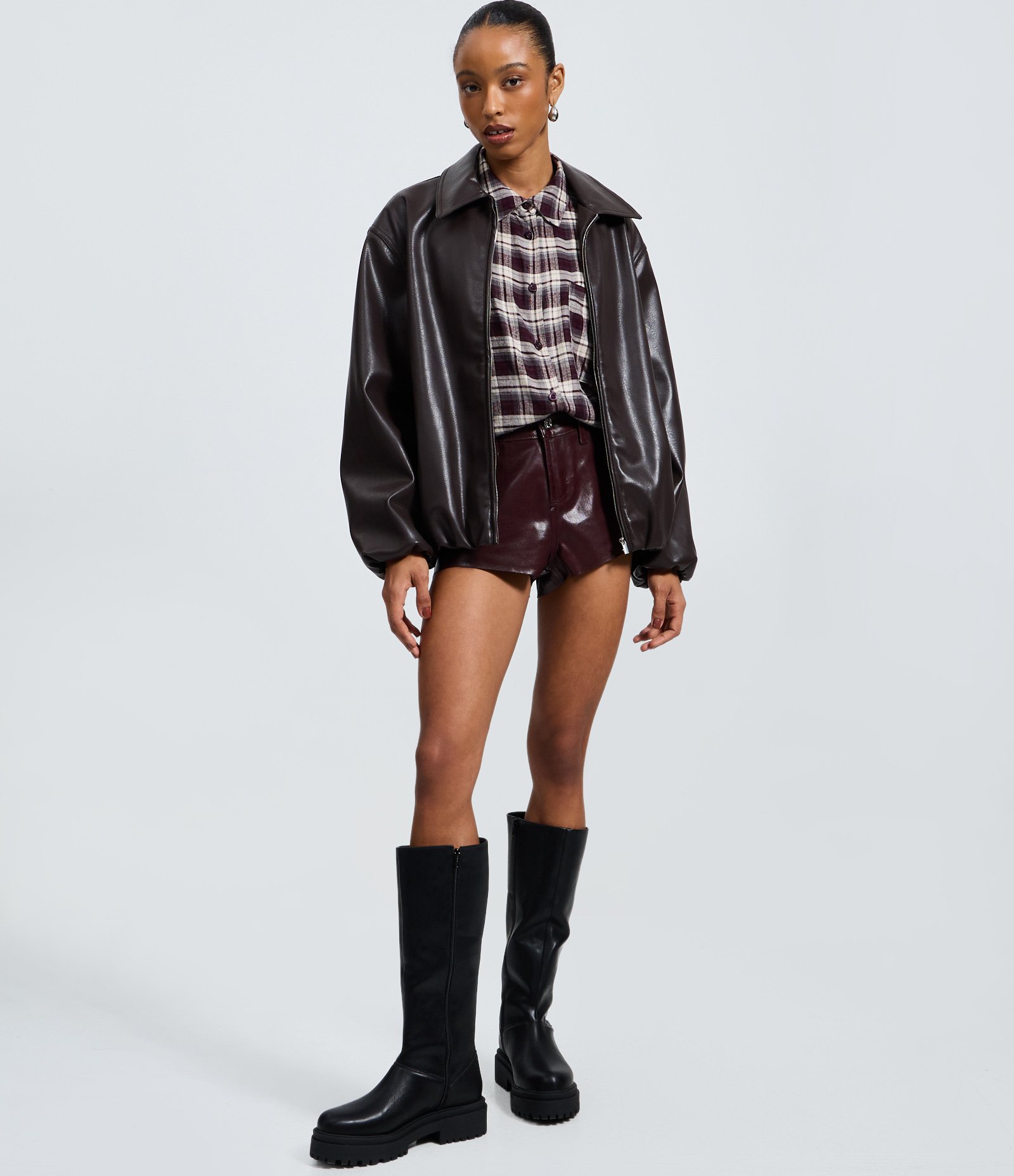 Jaqueta PU Balloon com Gola Polo e Zíper Marrom 2