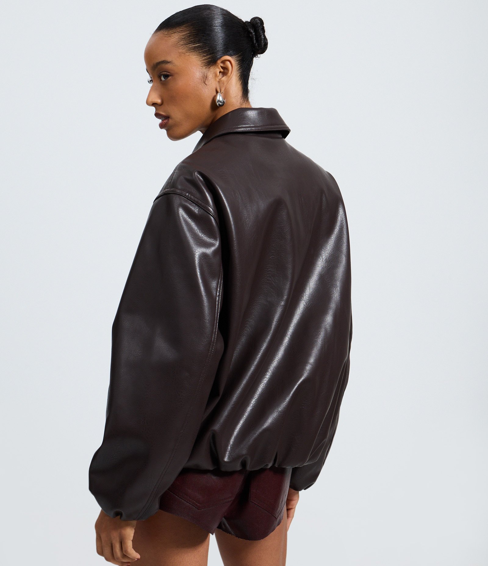 Jaqueta PU Balloon com Gola Polo e Zíper Marrom 3