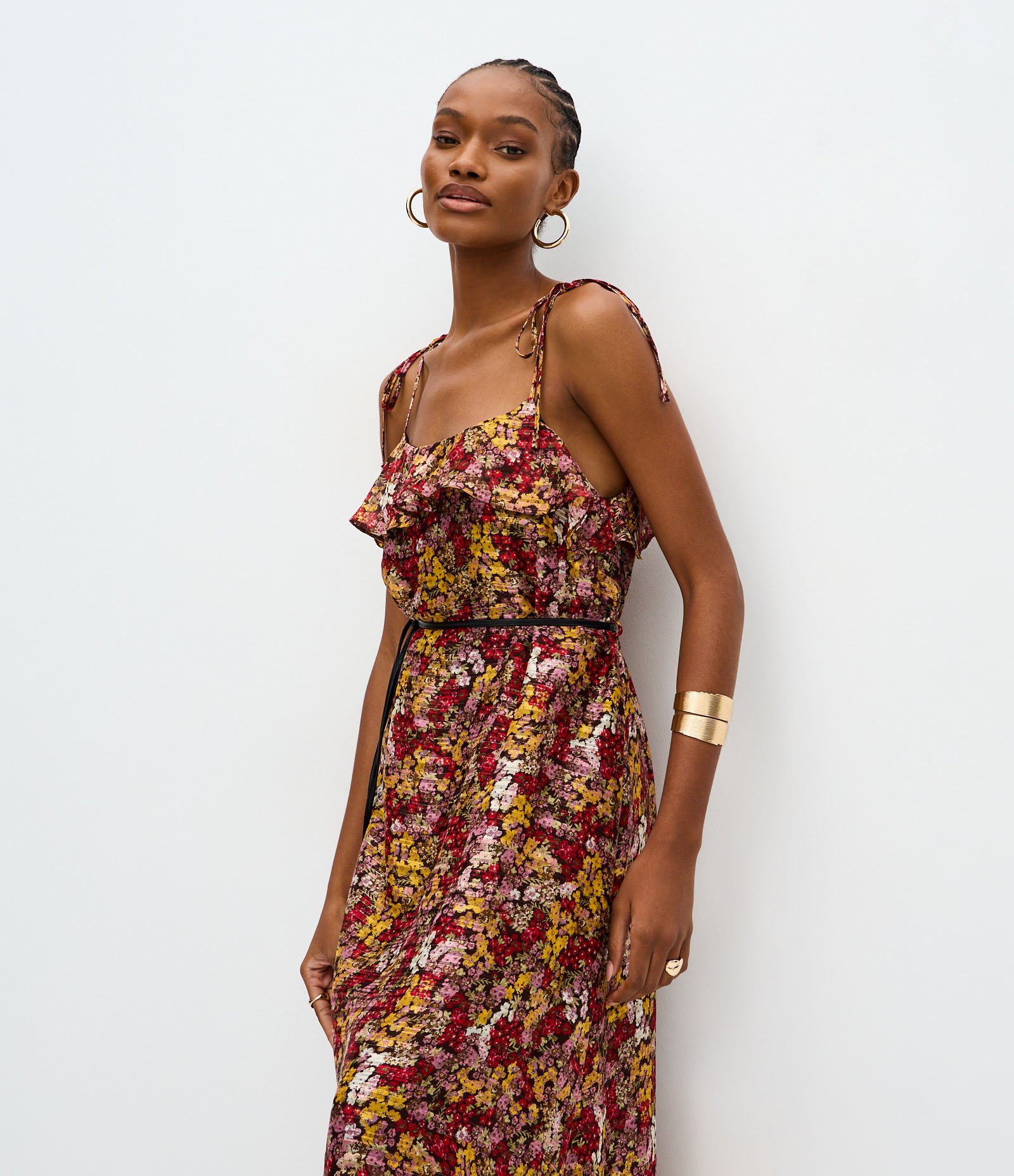 Vestido Longo Estampado com Babados no Decote Multicores 1