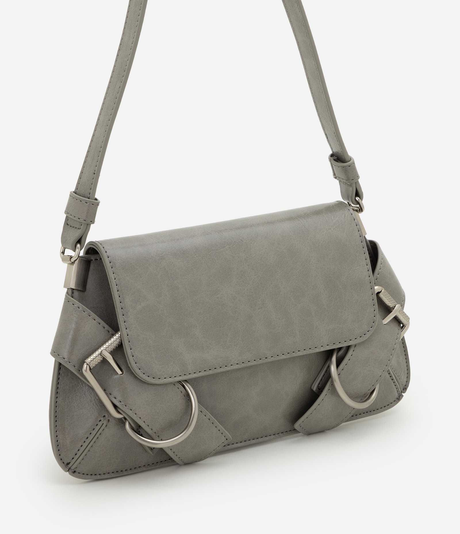 Bolsa Baguete Pequena em PU com Fivelas Decorativas Cinza 1