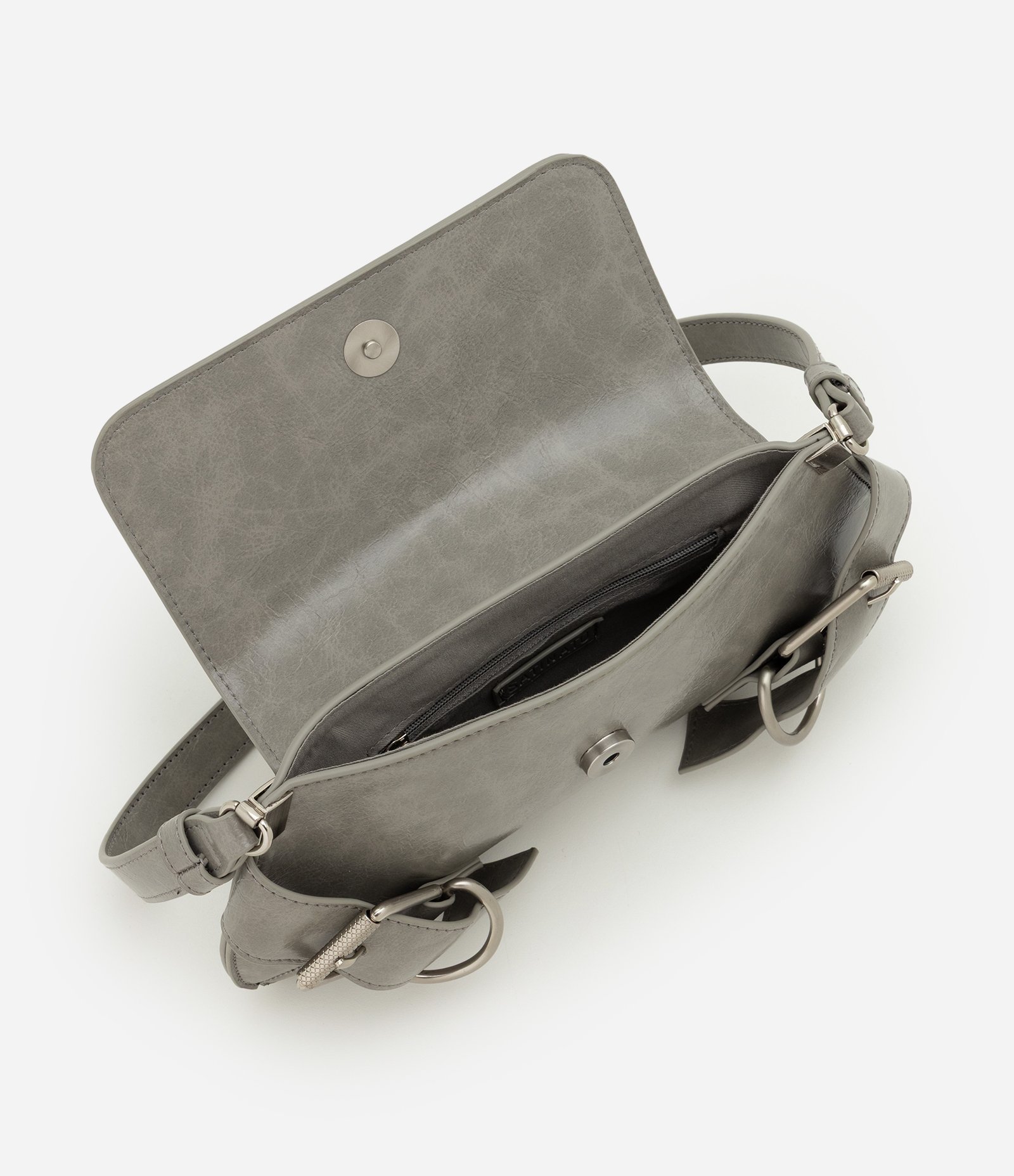 Bolsa Baguete Pequena em PU com Fivelas Decorativas Cinza 5