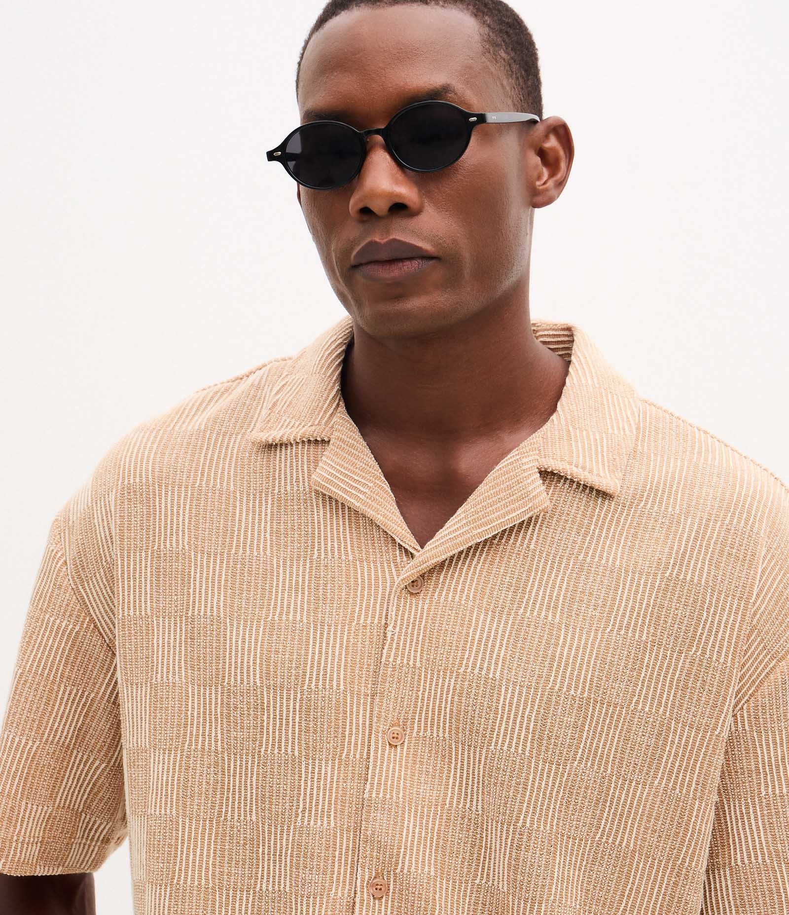 Camisa Boxy em Tecido Texturizado com Gola Bowling Bege 3