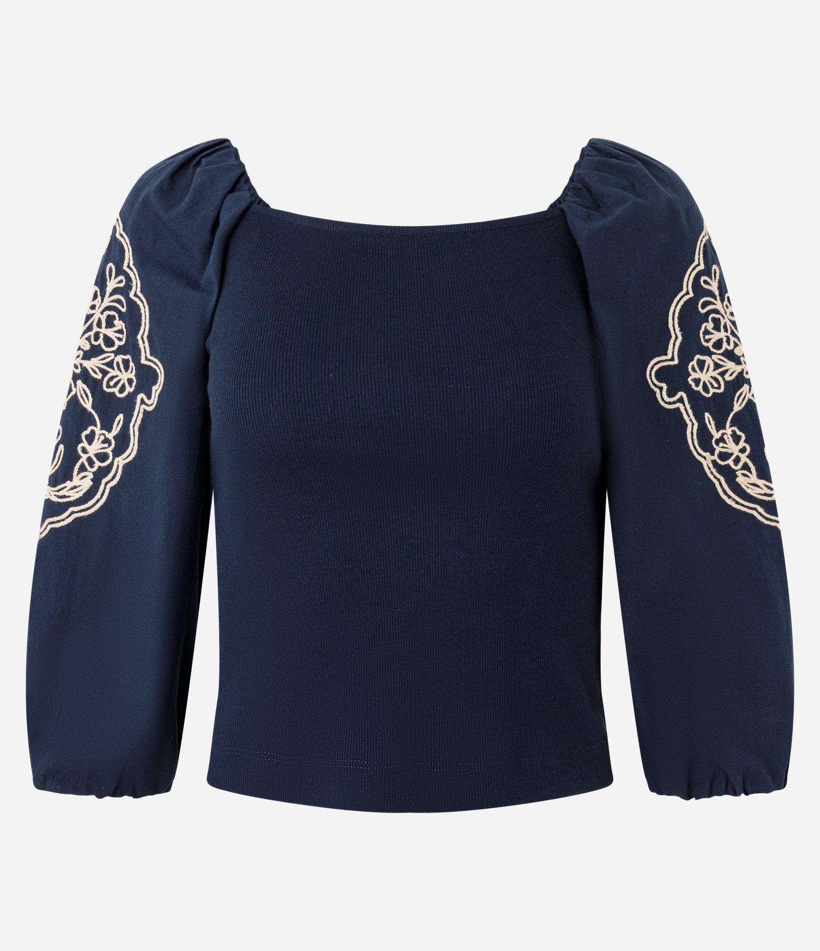 Blusa Manga Longa Bufante com Bordado de Folhagem Azul 4