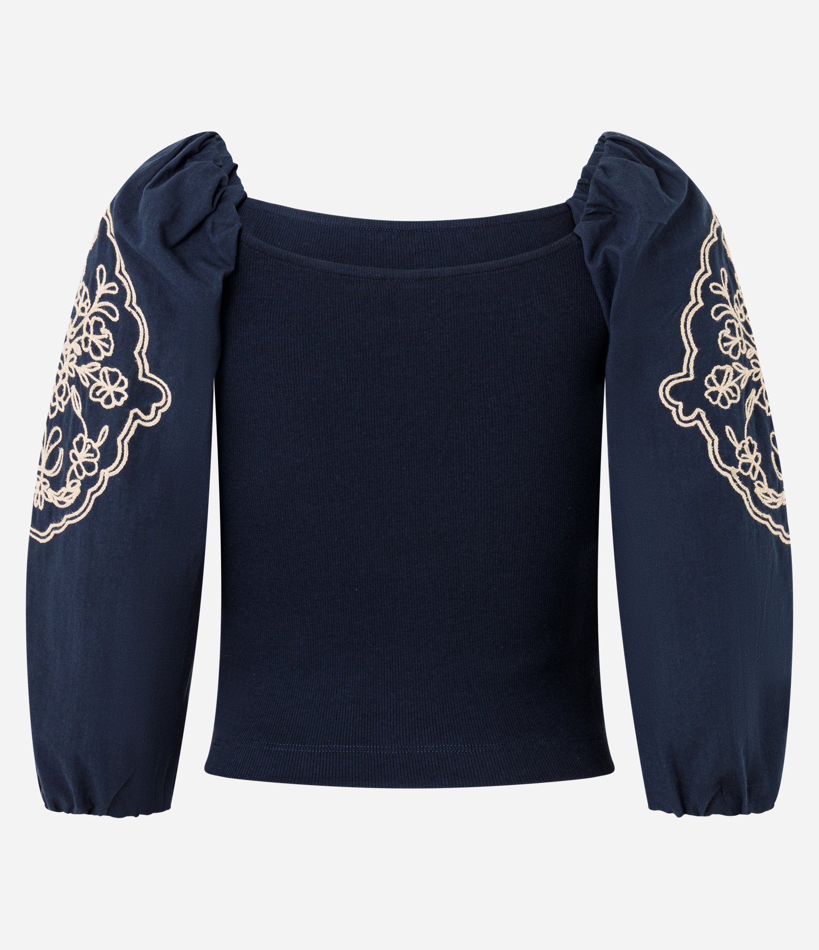 Blusa Manga Longa Bufante com Bordado de Folhagem Azul 7