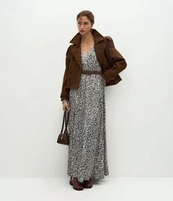 Vestido Midi Acetinado com Cinto em Suede
