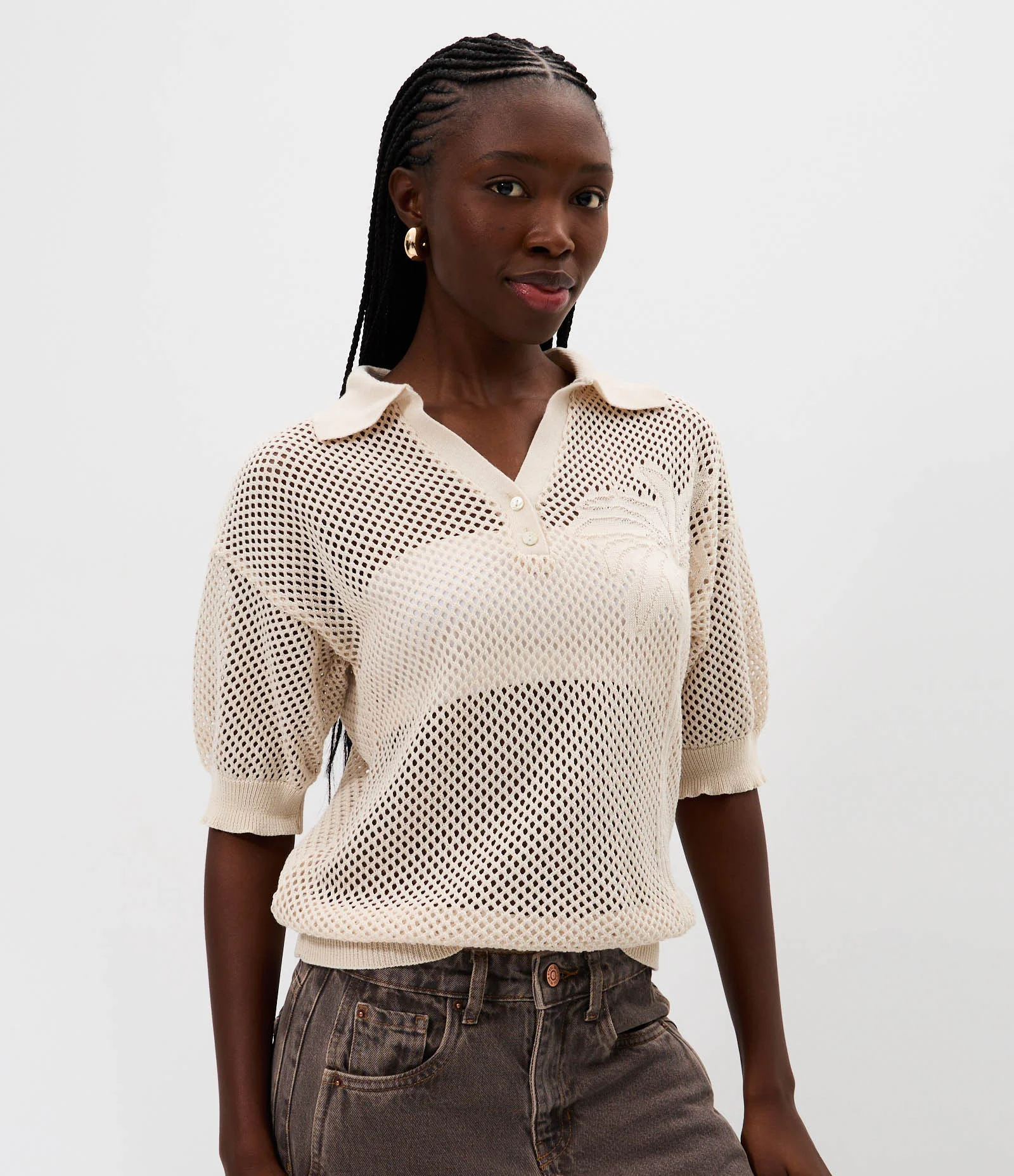 Blusa Polo em Tricô Vazado com Relevo de Coqueiro Branco