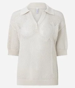Blusa Polo em Tricô Vazado com Relevo de Coqueiro