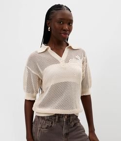 Blusa Polo em Tricô Vazado com Relevo de Coqueiro