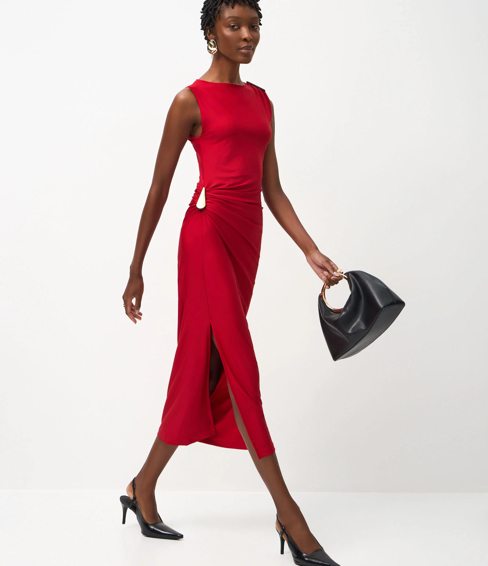 Vestido Midi com Aviamento em Gota e Fenda Lateral Vermelho 1