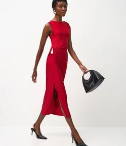 Vestido Midi com Aviamento em Gota e Fenda Lateral