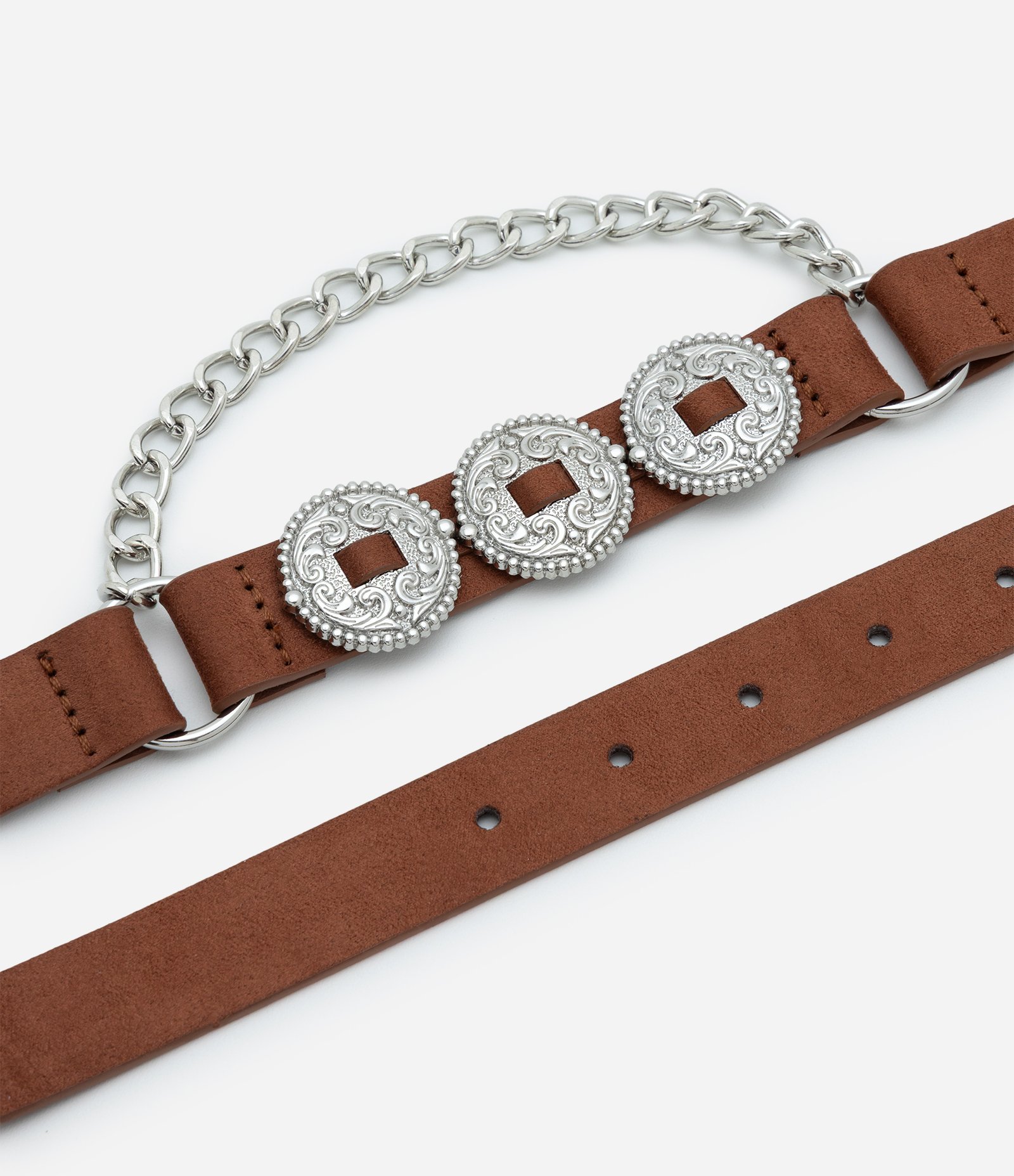 Cinto Médio em PU Com Detalhe de Corrente e Fivela Western Marrom 3