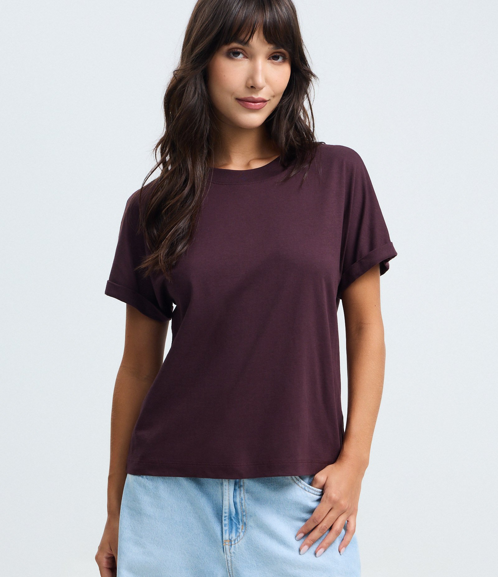 Blusa Básica com Manga Dobrada Curta em Algodão Bordô 1