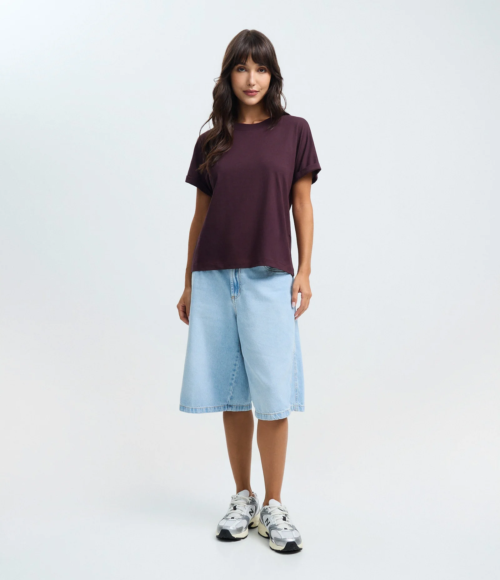 Blusa Básica com Manga Dobrada Curta em Algodão Bordô 2