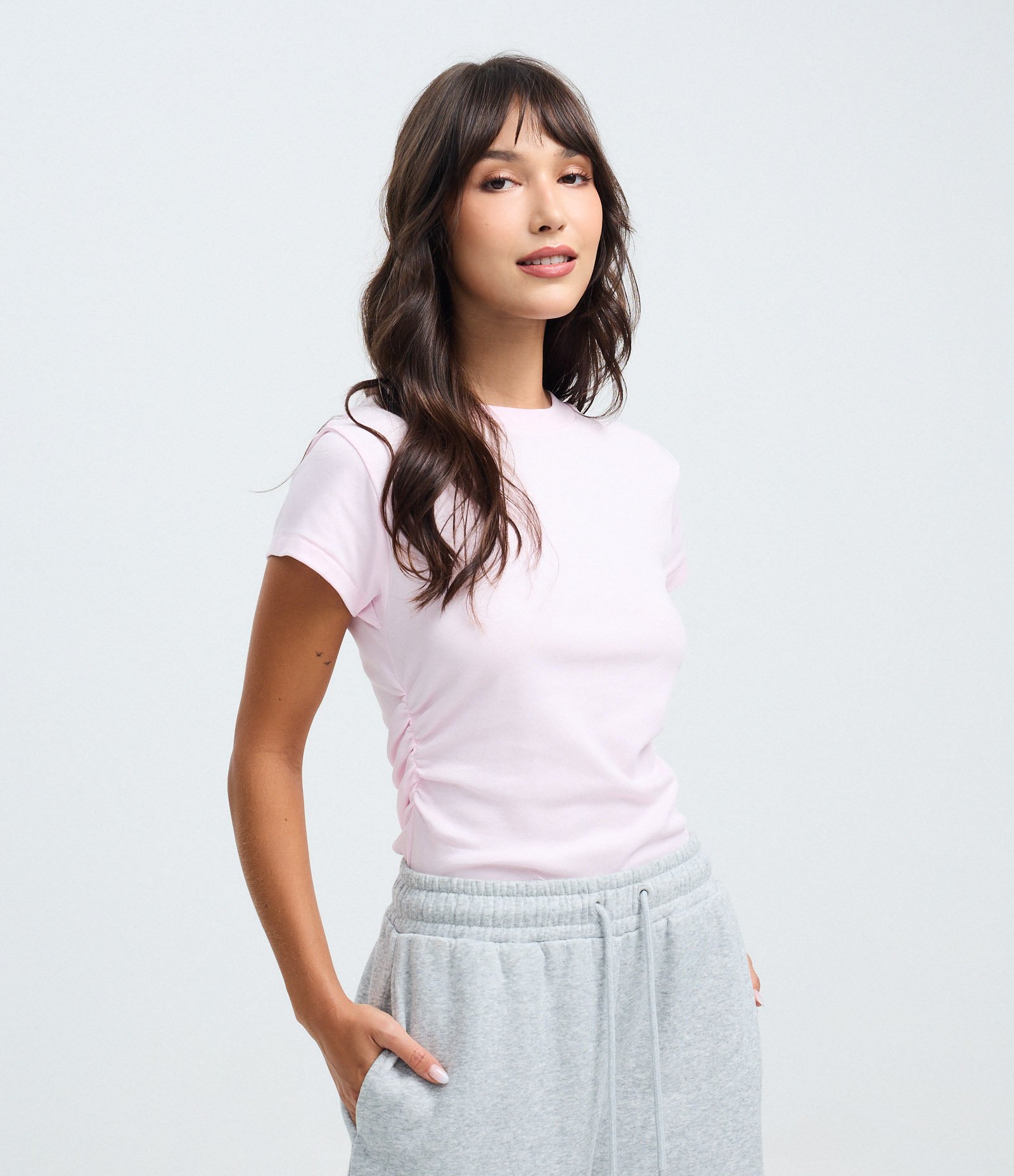 Blusa Manga Curta em Algodão Peruano com Franzido na Lateral Rosa 1