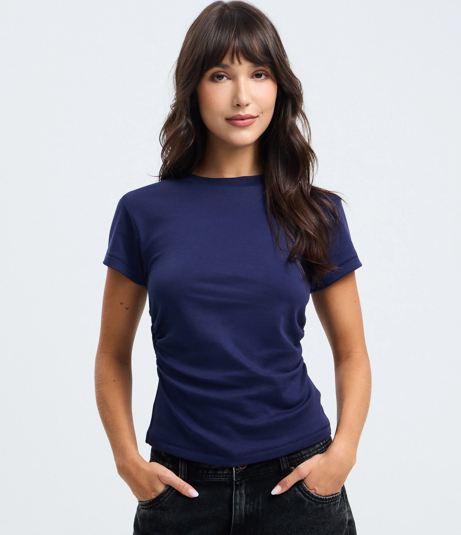 Blusa Manga Curta em Algodão Peruano com Franzido na Lateral Azul 1