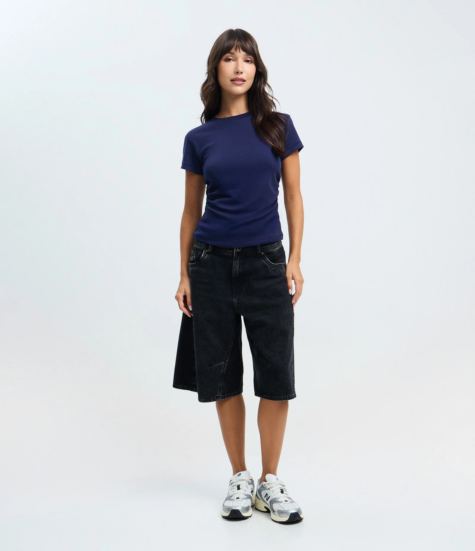 Blusa Manga Curta em Algodão Peruano com Franzido na Lateral Azul 2