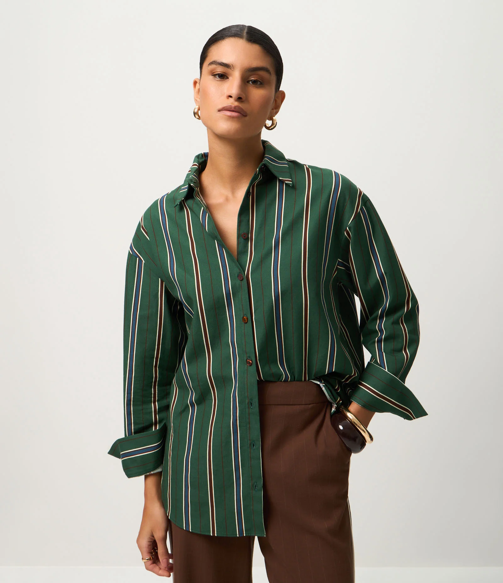 Camisa em Tricoline Listrada com Gola Colarinho Verde Escuro 2