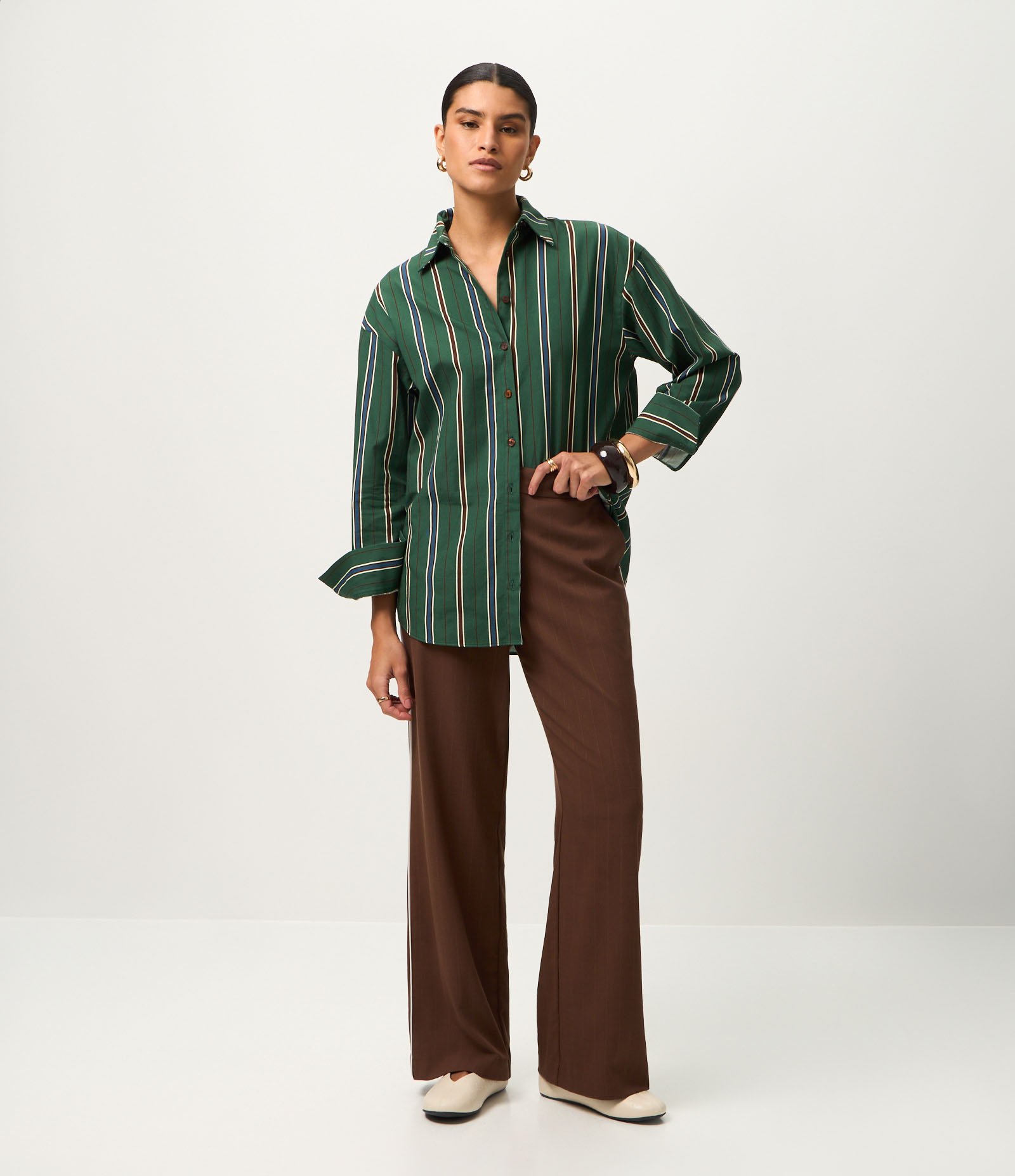 Camisa em Tricoline Listrada com Gola Colarinho Verde Escuro 3