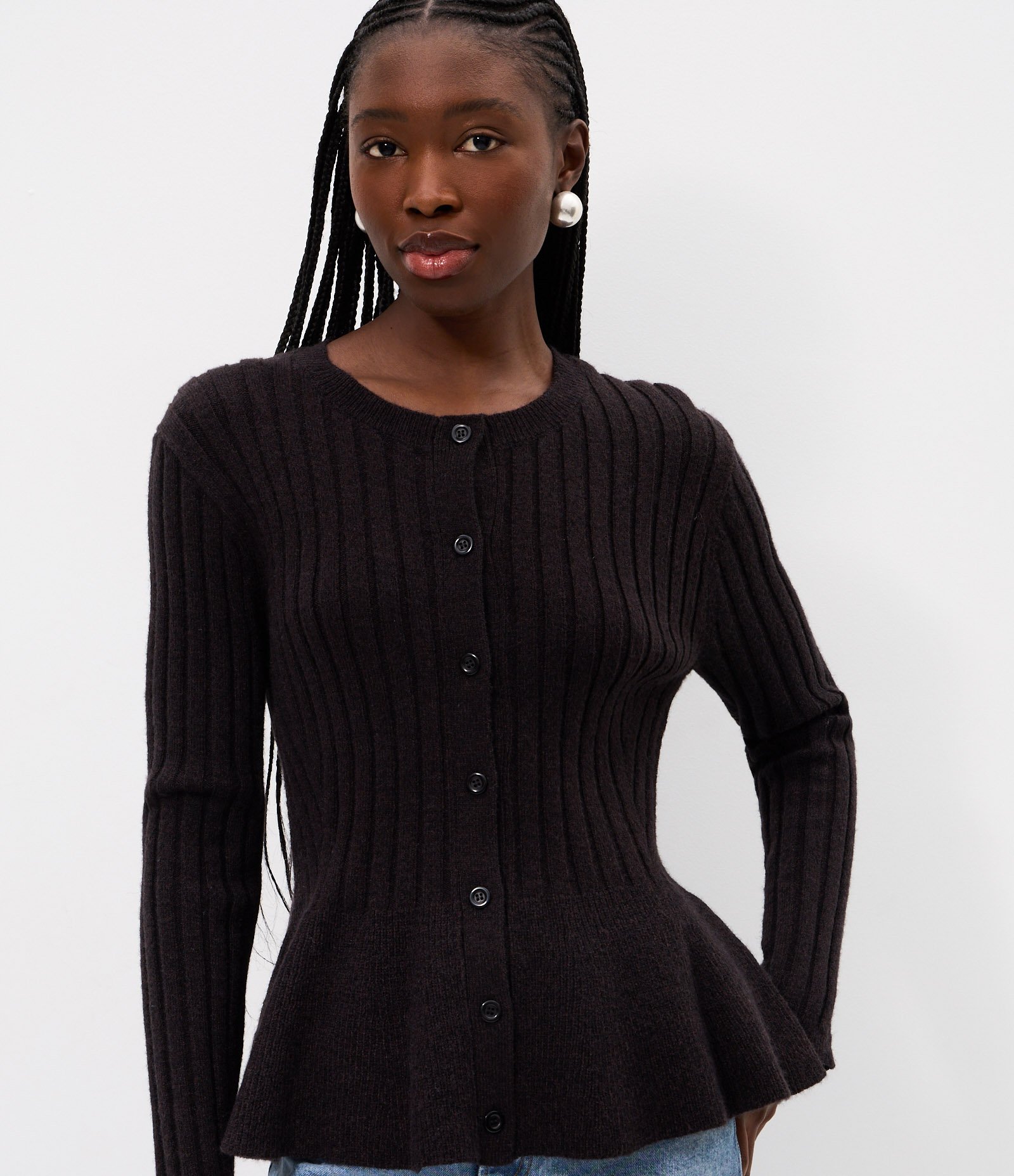 Cardigan Peplum em Tricô com Botões Frontais Preto