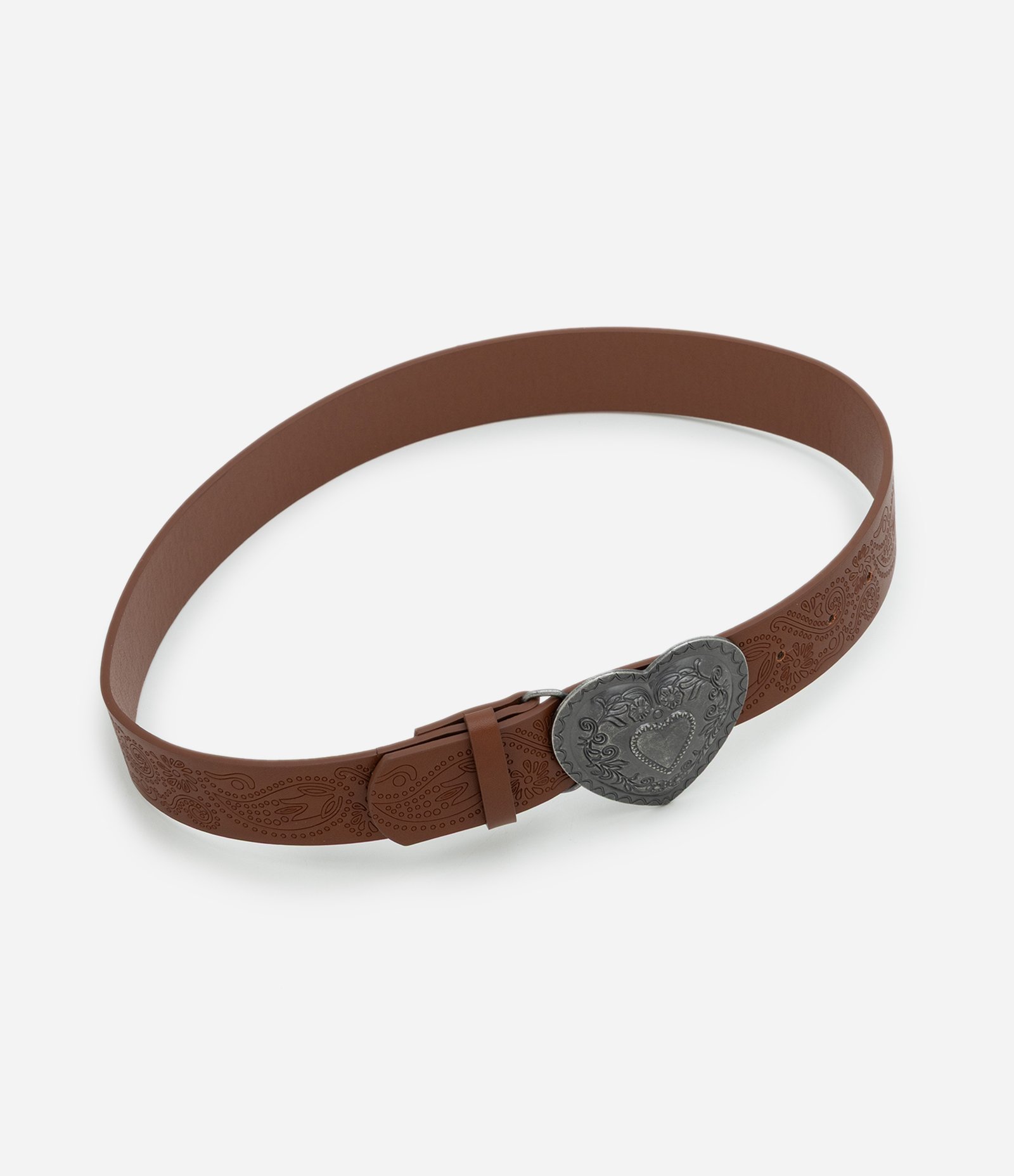 Cinto Médio em PU Liso com Fivela em Formato de Coração Marrom 1