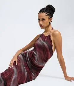 Vestido Midi Frente Única em Tule com Estampa Efeito Manchado