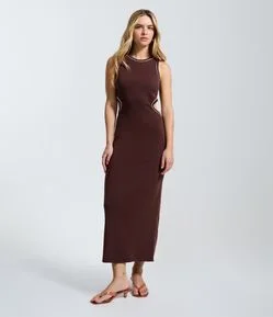Vestido New Midi em Ribana com Cut Out na Cintura e Viés Contrastante