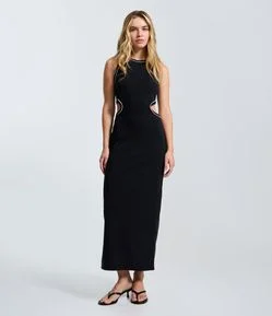 Vestido New Midi em Ribana com Cut Out na Cintura e Viés Contrastante
