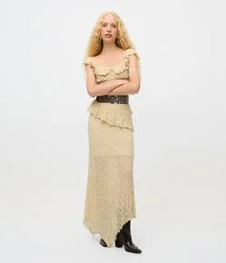 Saia Long Midi em Renda com Barra Assimétrica