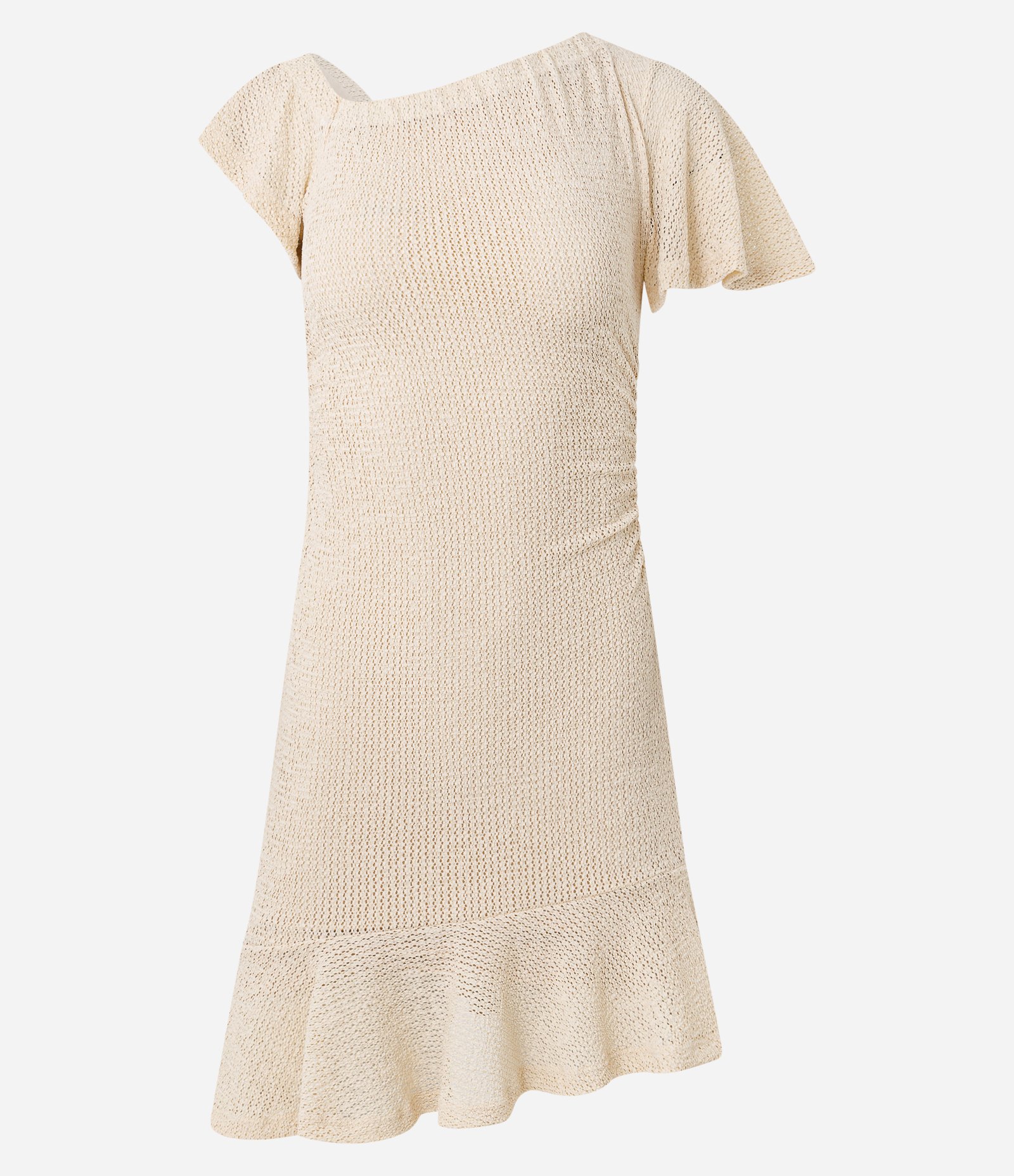 Vestido Curto Texturizado com Decote Assimétrico Bege 1